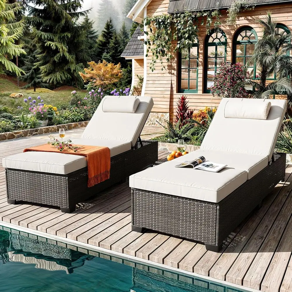 

2-Piece Outdoor Chaise Lounge Set, Brown Wicker, Adjustable Reclining Backrest, Beige Cushions