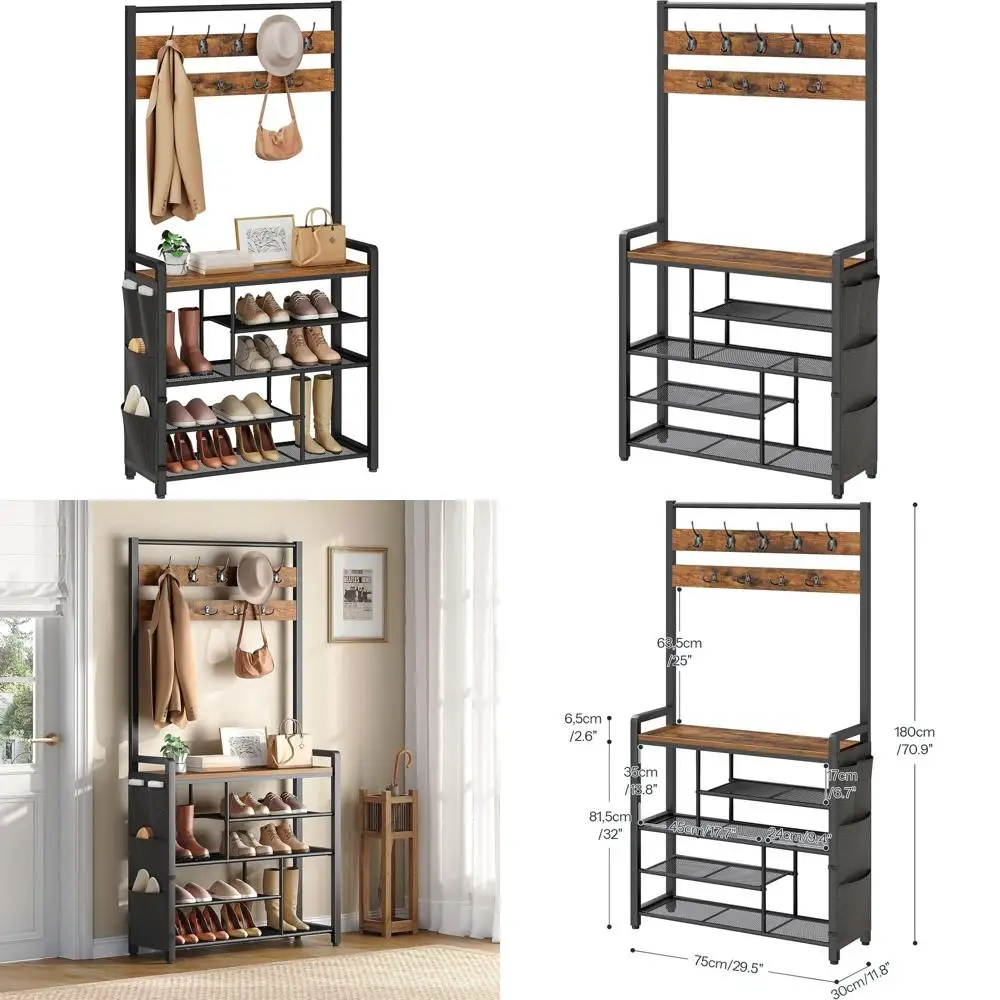

Shoe Rack with Bench and Coat Storage for Entryway, 5-Tier Organizer with Fabric Side Pockets, Rustic Brown