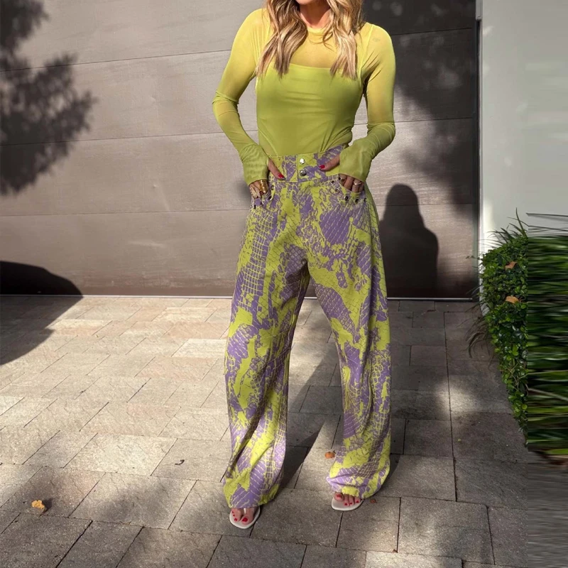 Vintage Vacation Straight Tube Outfit O Neck Mesh Top + Wide Leg Pants Autumn Set Fashion Street Pattern Print Women 2 Piece Set