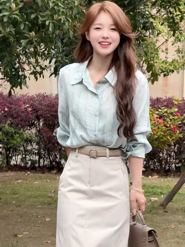 

Blue Striped Korean Style Women's Shirt Summer New Design Commute Fashionable Versatile Long Sleeve Collar Casual Top