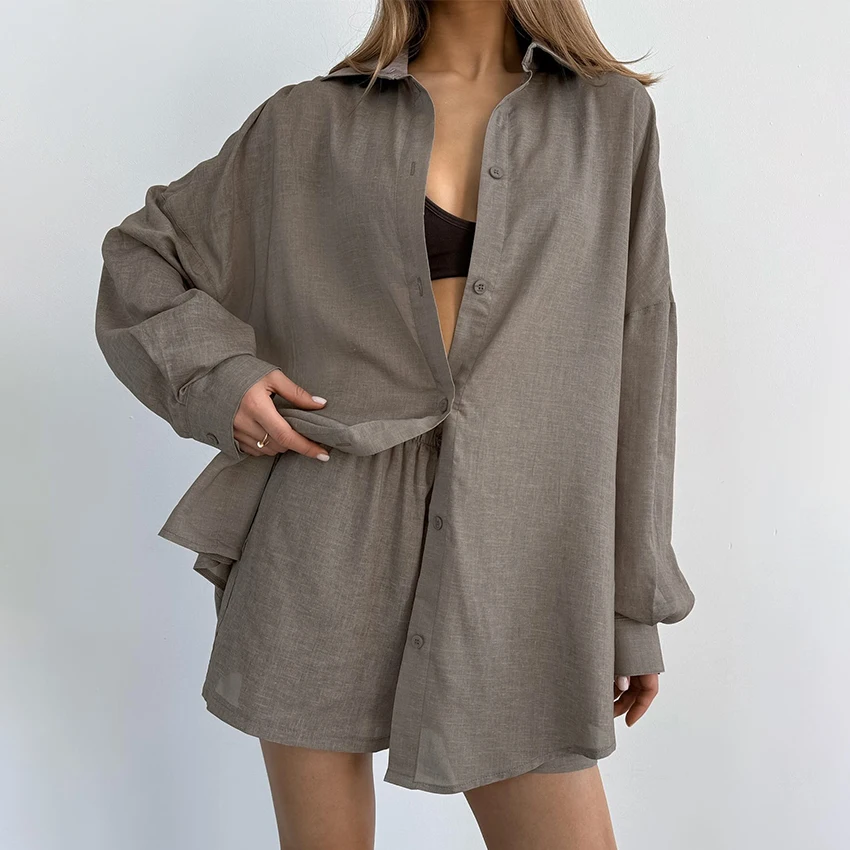 

Linad Office Loose Shorts Outfits For Women Fashion Button Down Shirts And Elastic Waist Mini Pant 2 Piece Set Summer Suits 2025