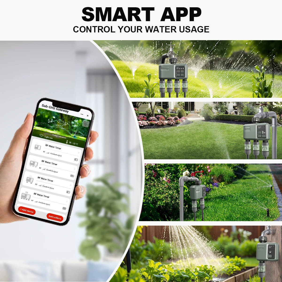 4Zone Water Timer WiFi RF433 Smart Irrigation Timer Water Valve Controller Solar Powered Smart Life Tuya App Auto Watering Timer