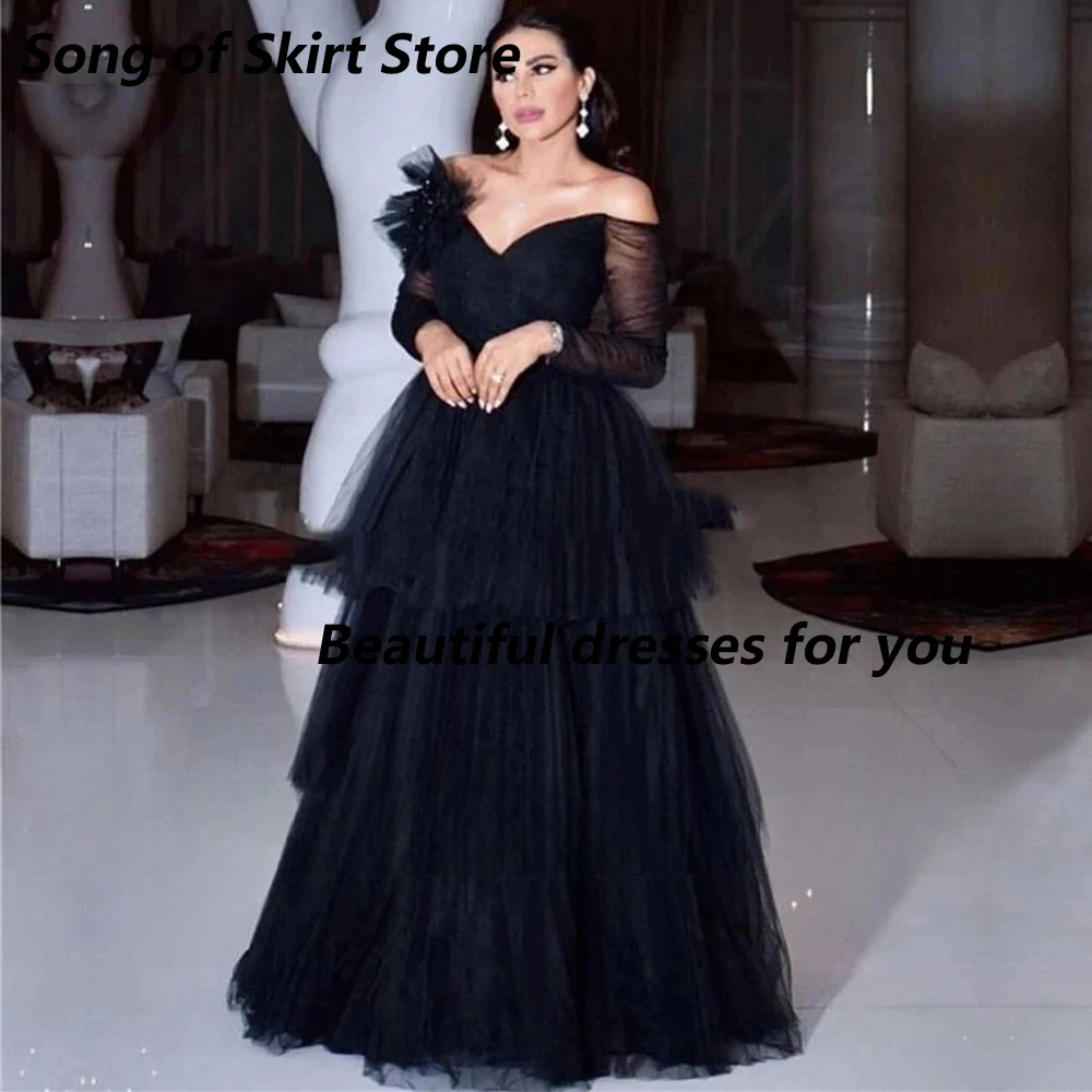 Black Formal Prom Dresses for Woman Customized Off The Shoulder V-Neck Long Sleeve A Line Tulle Tiered Floor Length Party Dress