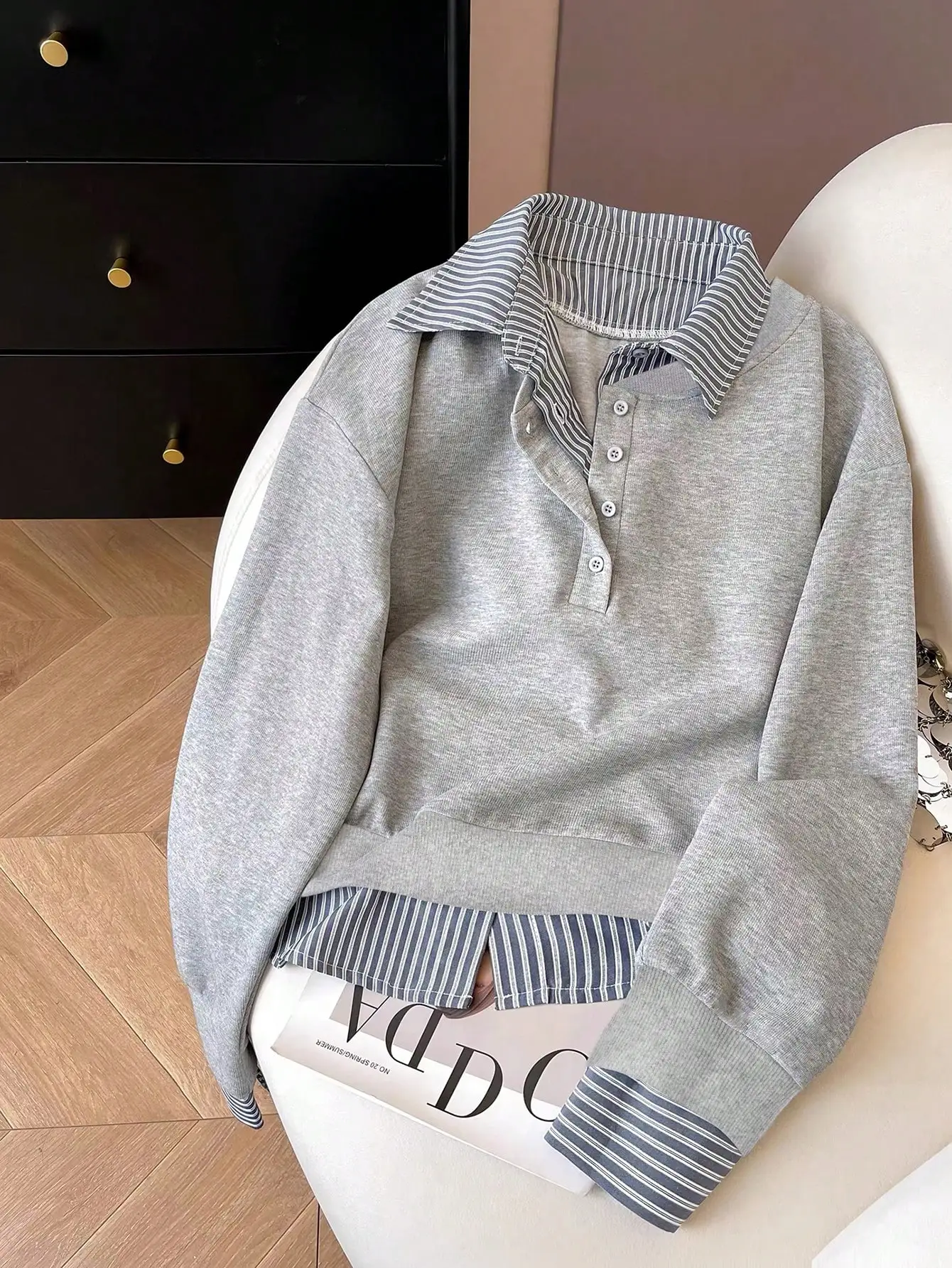 Women's Gray Striped Collar Half-Zip Long Sleeve Sweatshirt, Casual Loose Fit Pullover