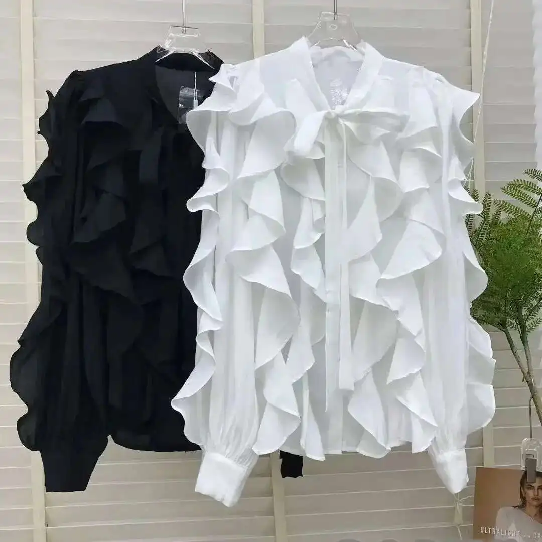 2024 秋の新エレガントなオフィスレディシャツ女性のための長袖フリルボタンアップブラウストップ Blusas