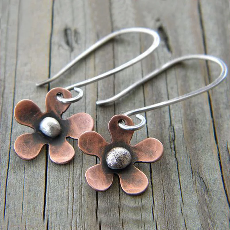 Retro Copper Flower Silver Stamen Earrings for Women Elegant Ear Decorations Cross Border Wholesale on AliExpress