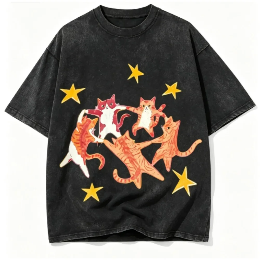 Y2K Style Summer Hip-hop T-shirt Dancing Cat Star Print Unisex Retro T-shirt Top Loose Summer Short Sleeved Shirts