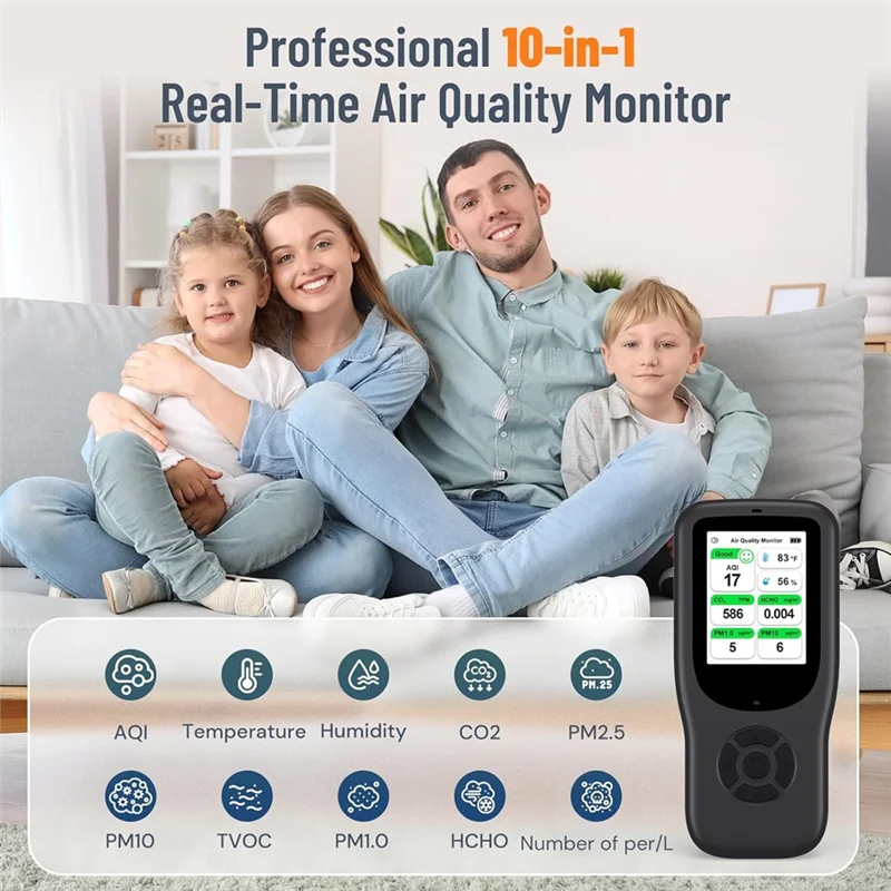 

ABUG-Air Quality Monitor Indoor, 10-In-1 Air Quality Detector With Stand, Real-Time Air Meter Test With Alert