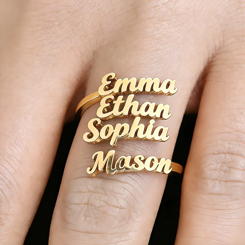 Customized stainless steel name ring, personalized and exquisite double name multi-layer wedding ring, adjustable opening ring