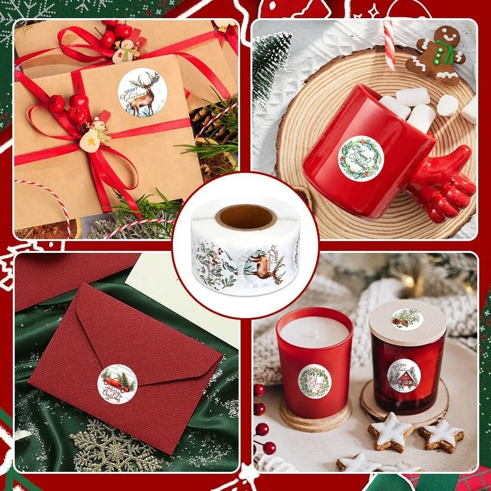 1 Roll 500 Pcs Watercolor Merry Christmas Round Stickers, 8 Assorted Vintage Holiday Label Designs, Self-Adhesive Xmas Sealing Tags for Gift Wrapping Cookie Jar Candy Bag Bakery Envelope Party Favor Packaging