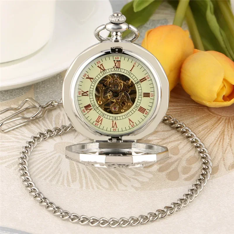 

Retro Hollow Spider Cover Pocket Watch Men Women Handwinding Mechanical Watches with Silver Fob Pendant Chain Collectable Clock