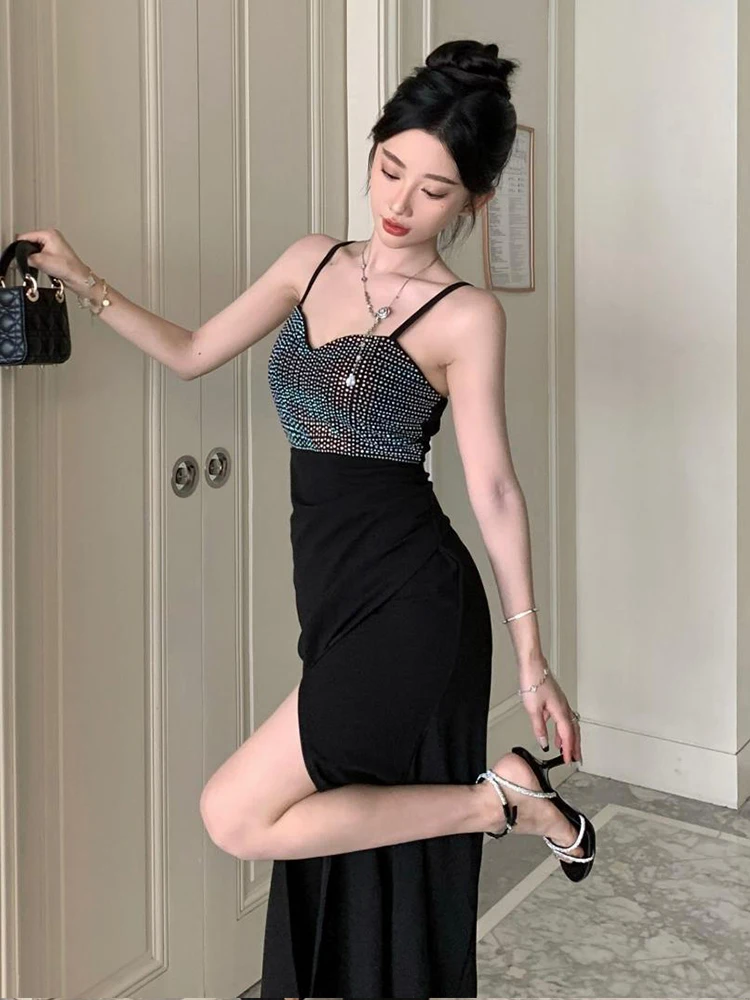ชุดเดรสราตรีสีดำวิบวับ สายเดี่ยวเปิดหลัง ทรงเข้ารูป ดีไซน์หรูหรา สำหรับงานปาร์ตี้ คลับ งานพรอม แฟชั่นผู้หญิง สไตล์ใหม่