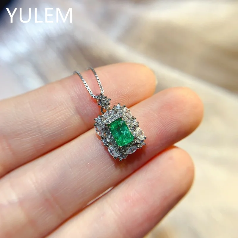 YULEM Rectangle Natural Emerald 4x6mm Silver 925 One Ring and Earring Pendant for Women Daily Wear