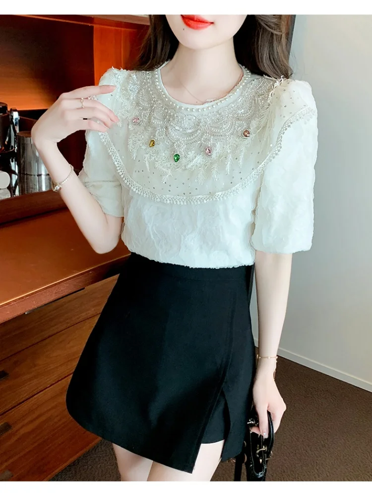 SMTHMA New Fashion Short Sleeved Summer Sweet Design With Diamond Lace/Chiffon Shirt Women's Round Neck Top For Women Clothing