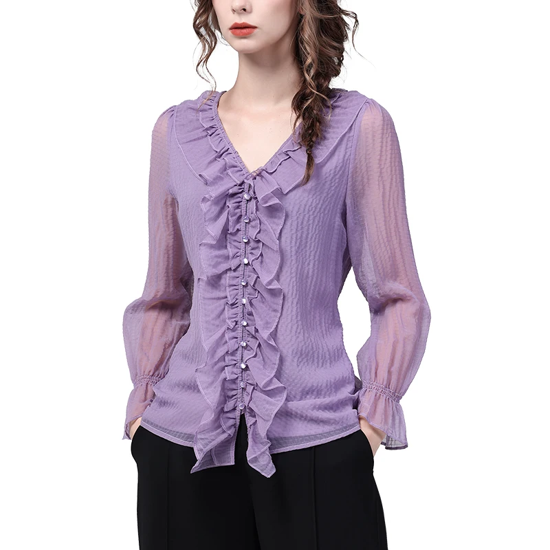 Women Solid Color Long Sleeve V-Neck Ruffles Chiffon Top 2022 Autumn New Elegant Slim Elastic Waist Shirt Fashion Csual Blouses