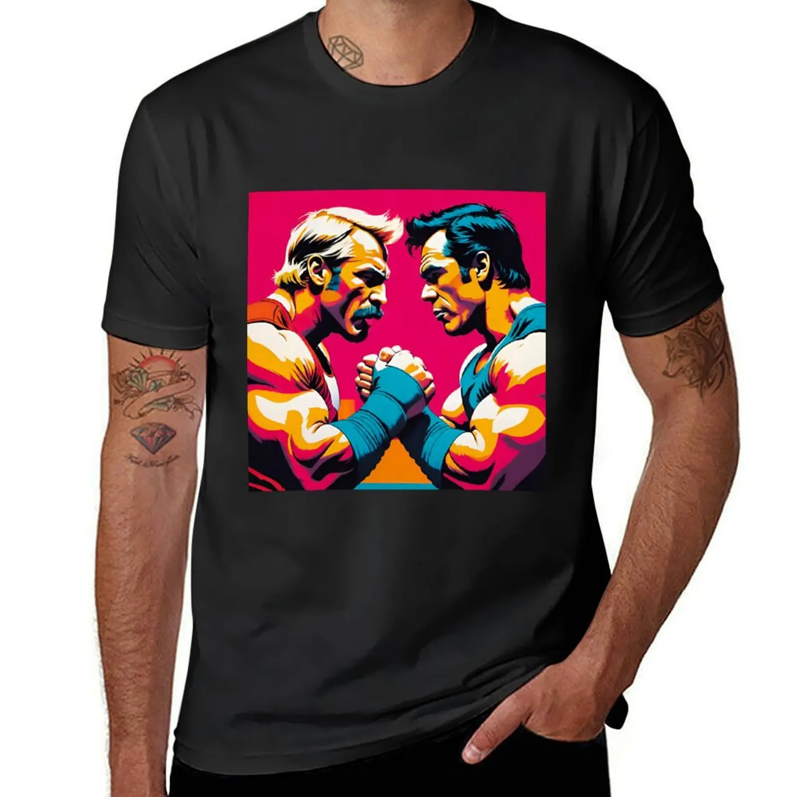 Pink Power Clash: Dynamic Arm Wrestlers in Vibrant Showdown T-Shirt boys animal print graphics men graphic t shirts