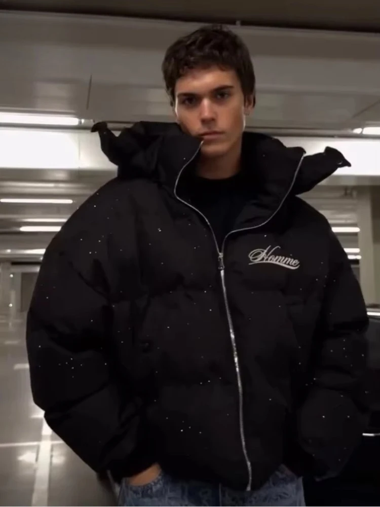 Men Shiny Puffer Jacket Back Letter Print Hooded Down Coat Oversized Warm Winter Couple Bubble Coat Black White Unisex New