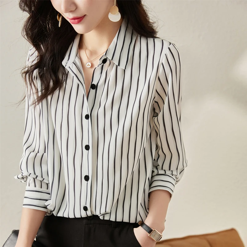 

Классические полосатые женские весенне-осенние блузки, рубашки, женские свободные топы с отложным воротником и длинными рукавами