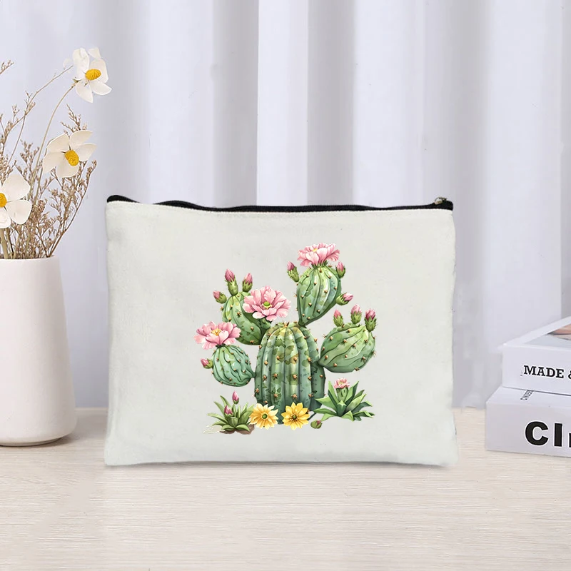 Flower Cactus Print Canvas Cosmetic Bag Organizer donna Travel Sundry Storage Zipper Pouch cancelleria forniture per ufficio Pencil Bag