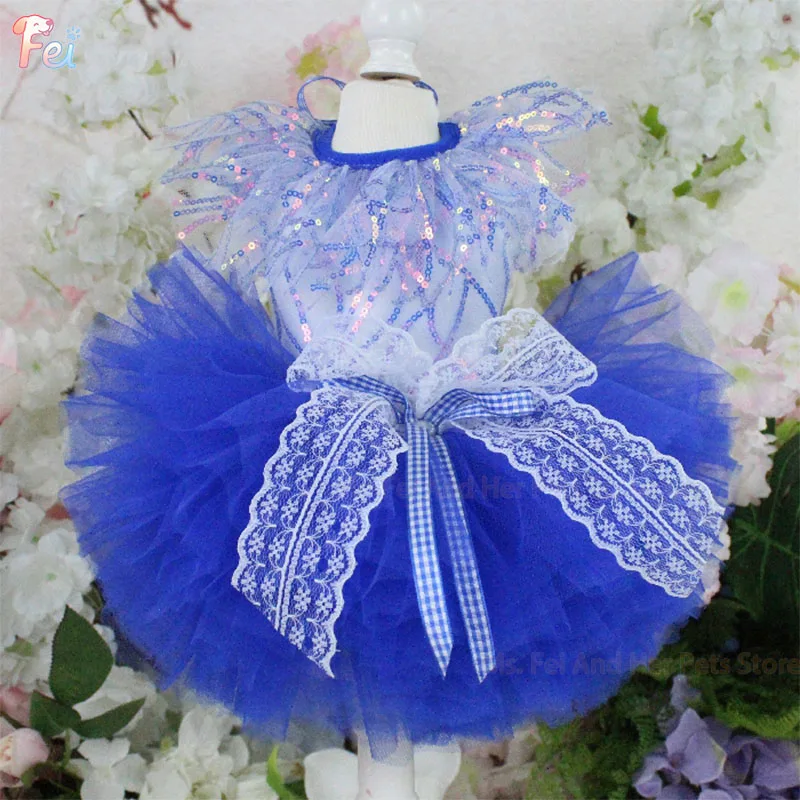 

Luxury Royal Blue Lace Bow Puffy Princess Dresses For Small Medium Dogs Chihuahua Poodle Fashion Outerdoor Dress Pet Clothes