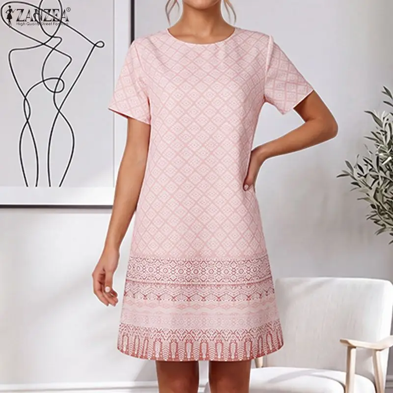 ZANZEA Casual Loose A-Line Summer Sundress Women Vintage Office Work Dresses Short Sleeve Elegant Print Sundress Oversized