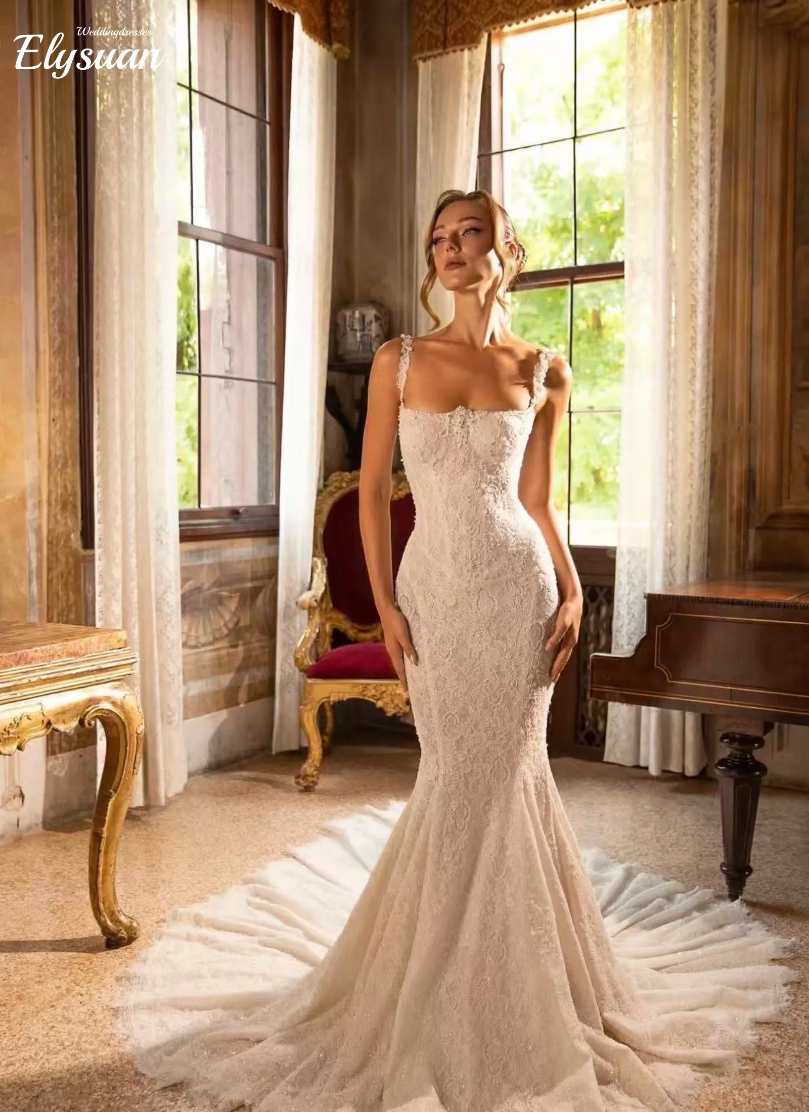 تخصيص لامعة مطرز الدانتيل فستان الزفاف الأنيق السباغيتي الأشرطة ثوب الزفاف اللؤلؤ حورية البحر فساتين طويلة للعروس