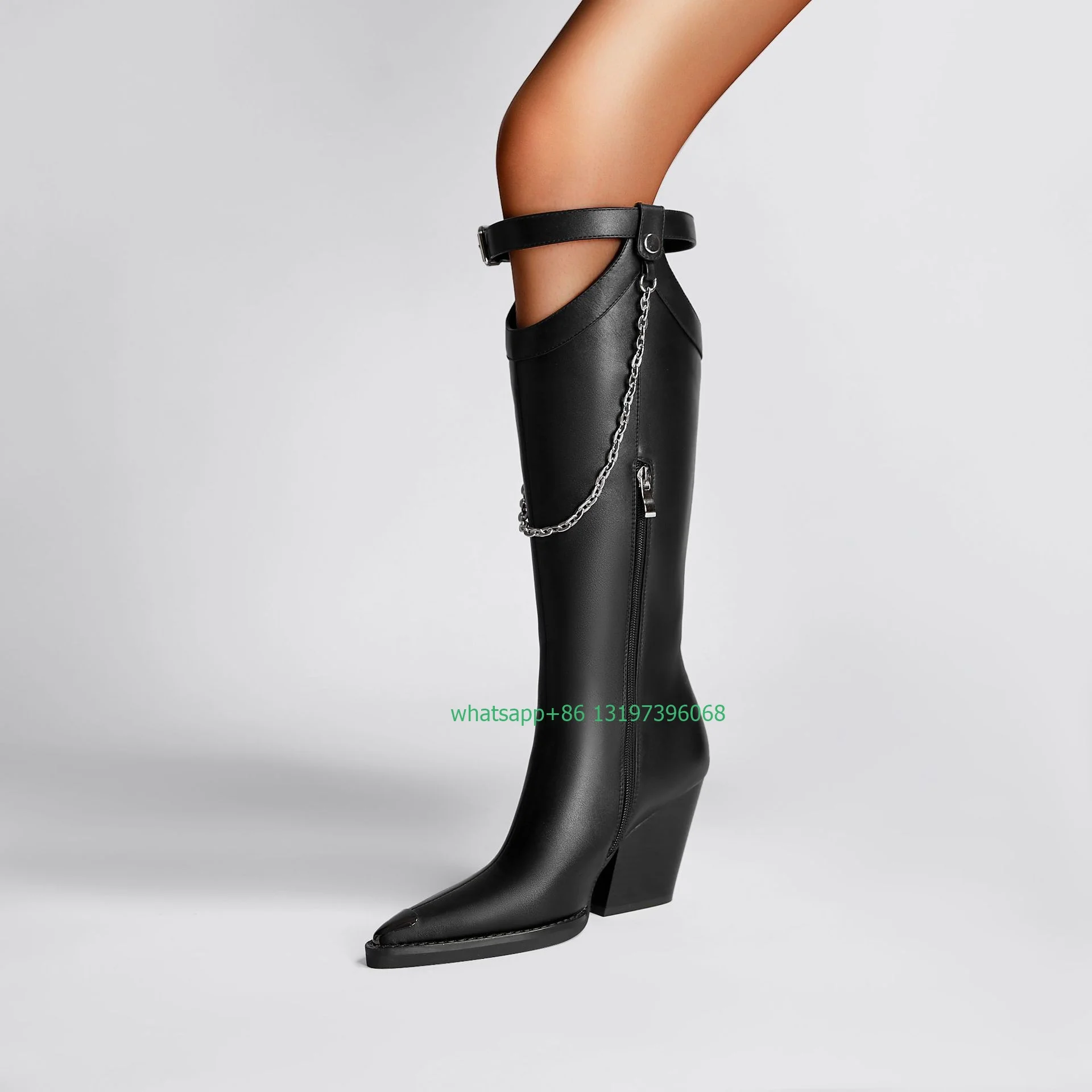 Lady punk style buckle chian design PU boots sexy black cowboy chunky heel boots pointed toe runway causal dress boots size 46