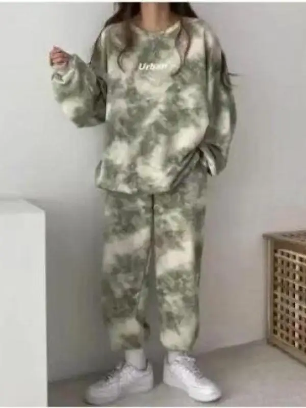 Middle East plus Size Sportswear Set Women Spring Autumn Loose Dyed Sweatshirt Wide Leg Pants Two Piece Set Casual High Waist