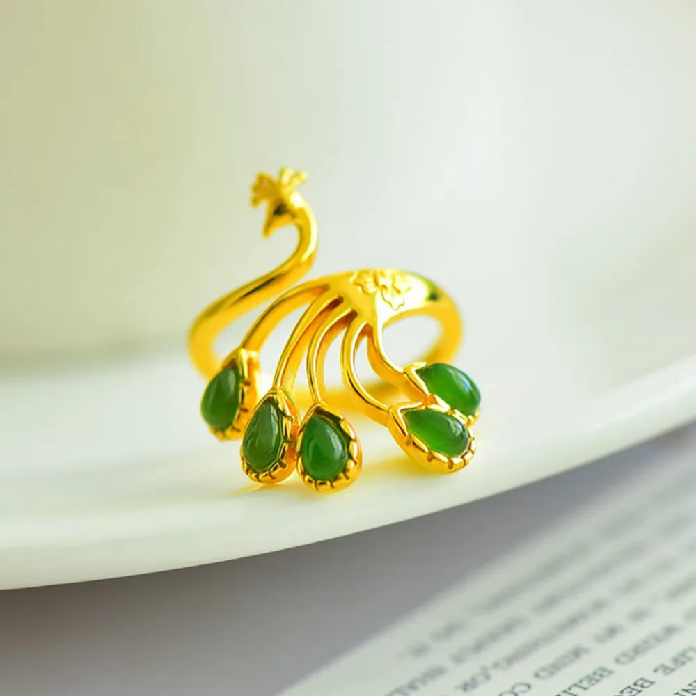 

GL 925 Pure Silver New Chinese Imperial Retro Style Gold Phoenix with Jade Open-Back Women's Ring and Hetian Turquoise Jade Ring