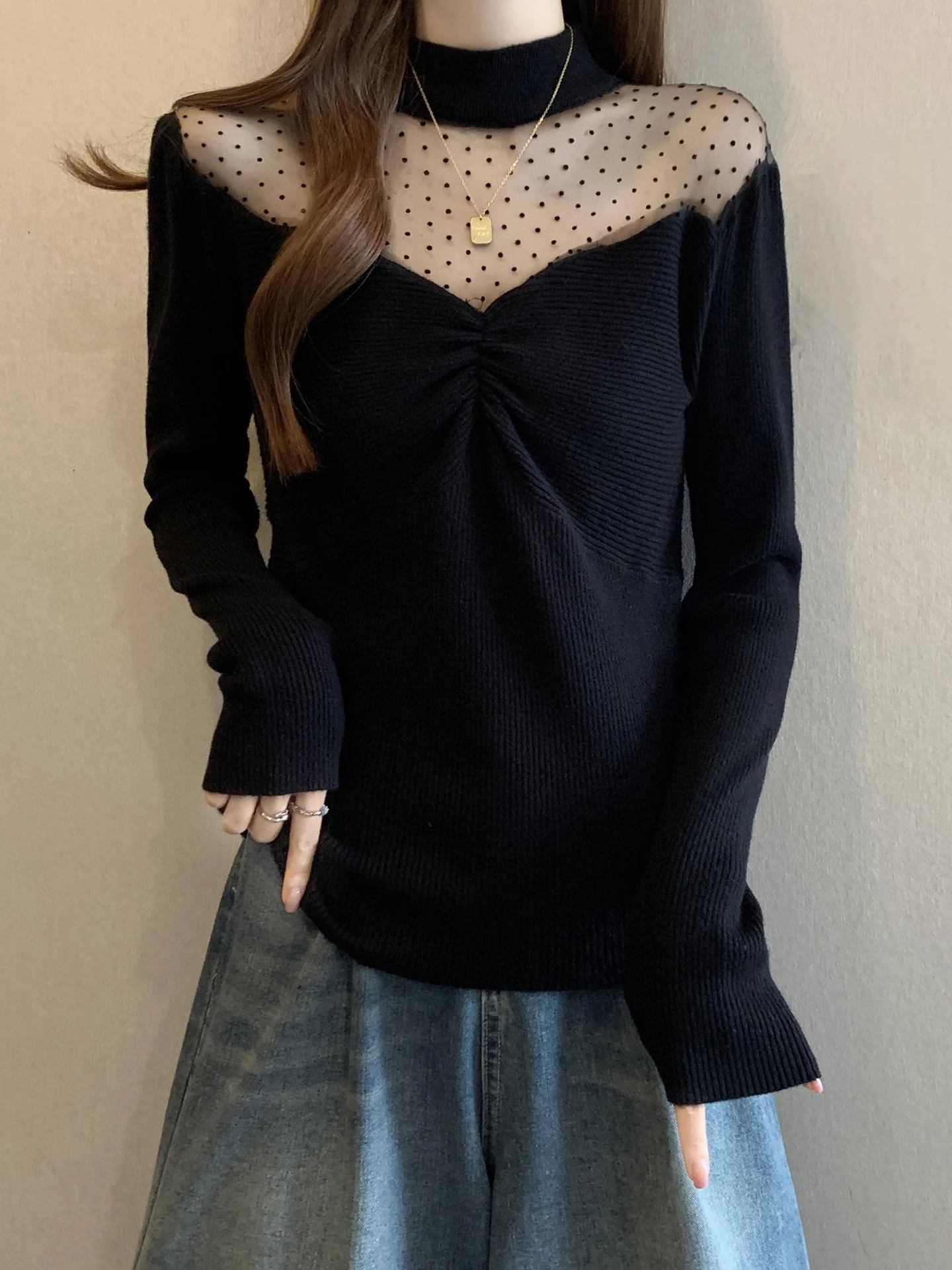 

Bla f High Collar Me Splice Knitted Sweater Autumn Winter plus Size Women's Faionable Base Layer irt Top