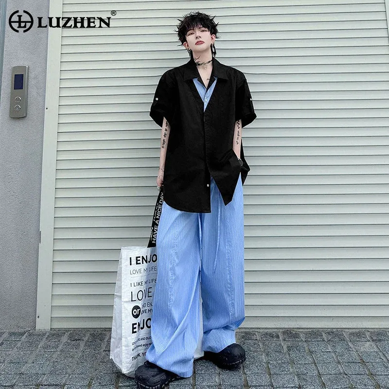 LUZHEN 2026 Summer Baggy Handsome Two-piece Sets Men's Stripe Printed Wide Leg Casual Pants Streetwear Short Sleeve Shirt JY6844