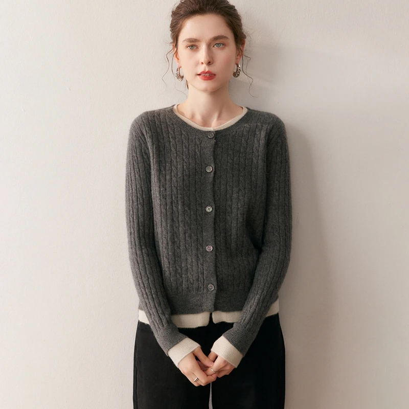 Suéter de cachemira para mujer, cárdigan, Otoño Invierno, 100% de punto de Cachemira, artículo esencial, ropa falsa de dos piezas con cuello redondo, Top