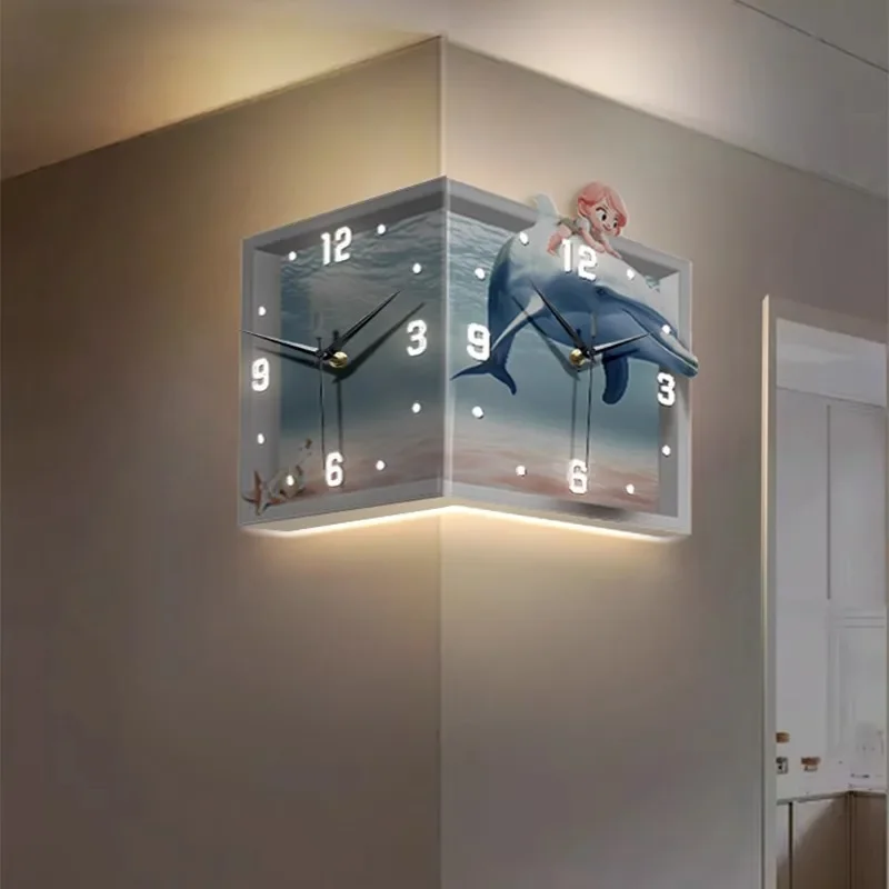 Luminous living room corner double-sided wall clock, home creative clock wall lamp