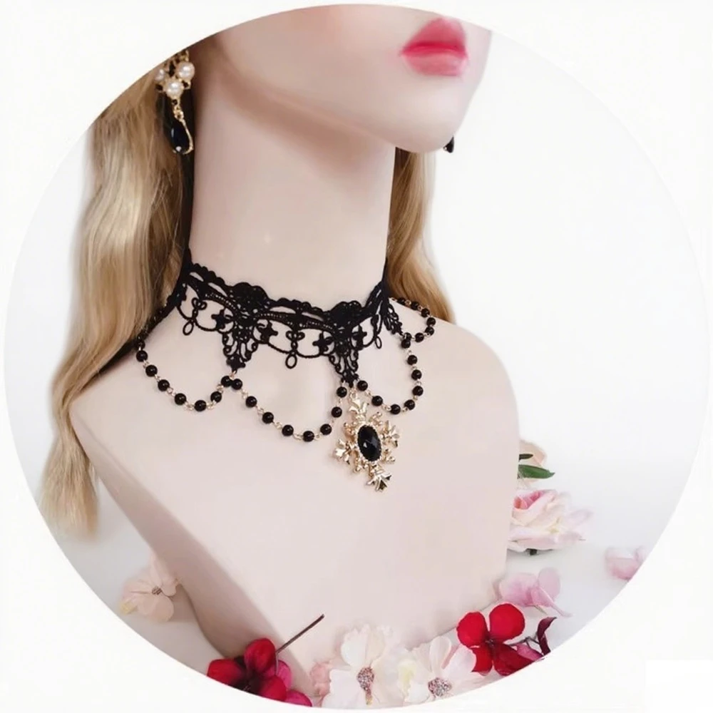 Collar gótico Lolita KC serie Diablo Notre Dame Apollo Sun Punk Rosa perla encaje collar de cadena de clavícula para Halloween
