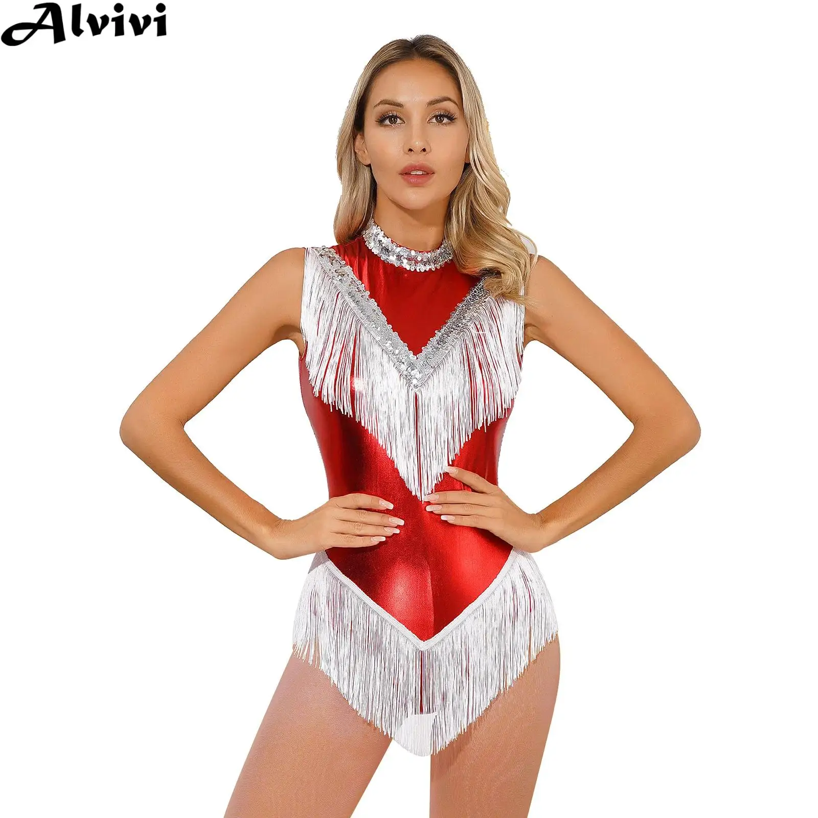 

Women Latin Dance Leotard Cha-cha Tango Samba Rumba Skating Gymnastics Bodysuit Sleeveless Metallic Shiny Sequin Tassel Jumpsuit