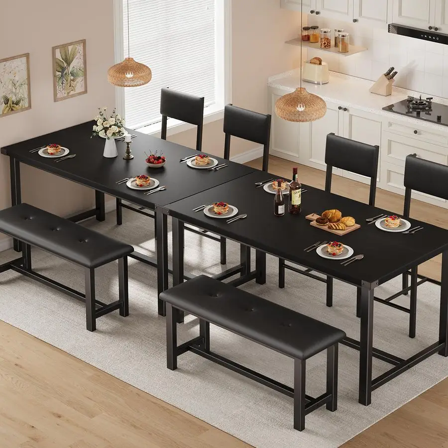 Conjunto de mesa de jantar de madeira para 4, mesa de cozinha e 2 cadeiras estofadas com banco, conjunto de sala de jantar retangular, para espaços pequenos,