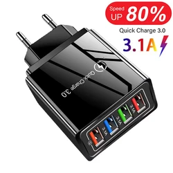 Snelle 4-USB-oplader Quick Charge 3.0 Snelle USB-wandoplader Draagbare mobiele oplader QC 3.0-adapter voor iPhone Samsung EU US-stekker