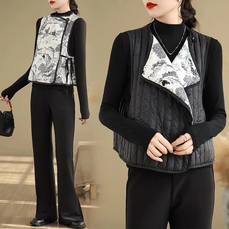 Nowy chiński styl malowanie tuszem kamizelka odzież bawełniana damska moda jesienno-zimowa Temperament Retro dwustronna kurtka A173