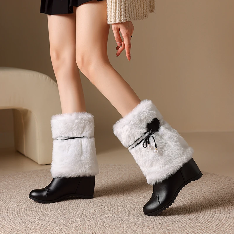 

YQBTDL 2025 New Sweet Ladies Boots Autumn Winter Warm Fur Height Increasing Ankle Pu Snow Botas Round Toe Party Women Shoes