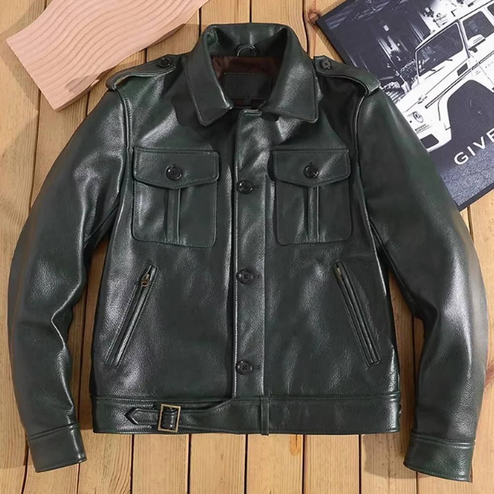 British Imported Cowhide Coats Military Style Short Leather Jacket Genuine Cow Leather Overcoats Winter Green Outerwear Clothing