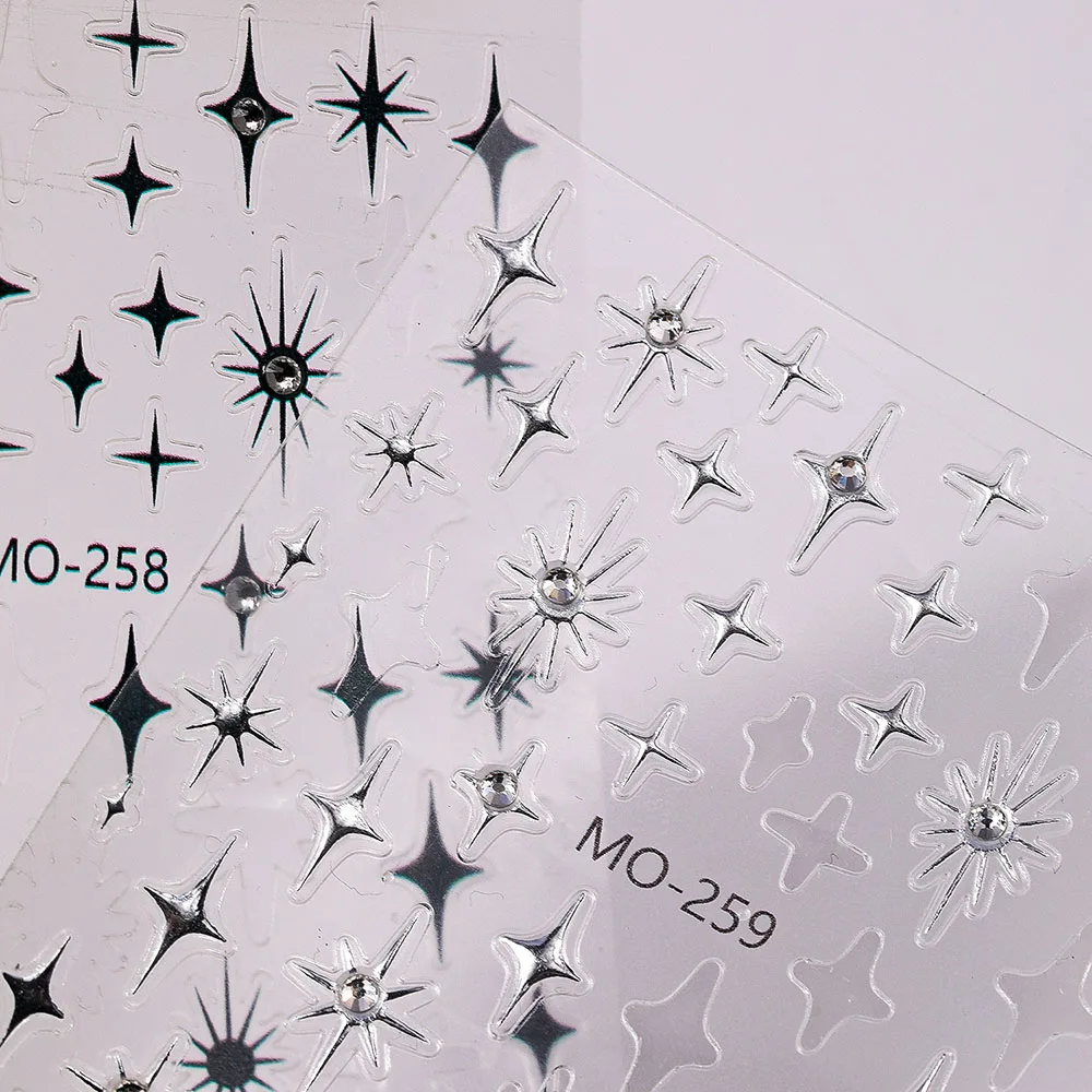 Diamond Star Nail Stickers 3D Glitter Luxury Balck Silver Star Self-adhesive 3D Sticker Decals with Crystals Nail Designs Slider