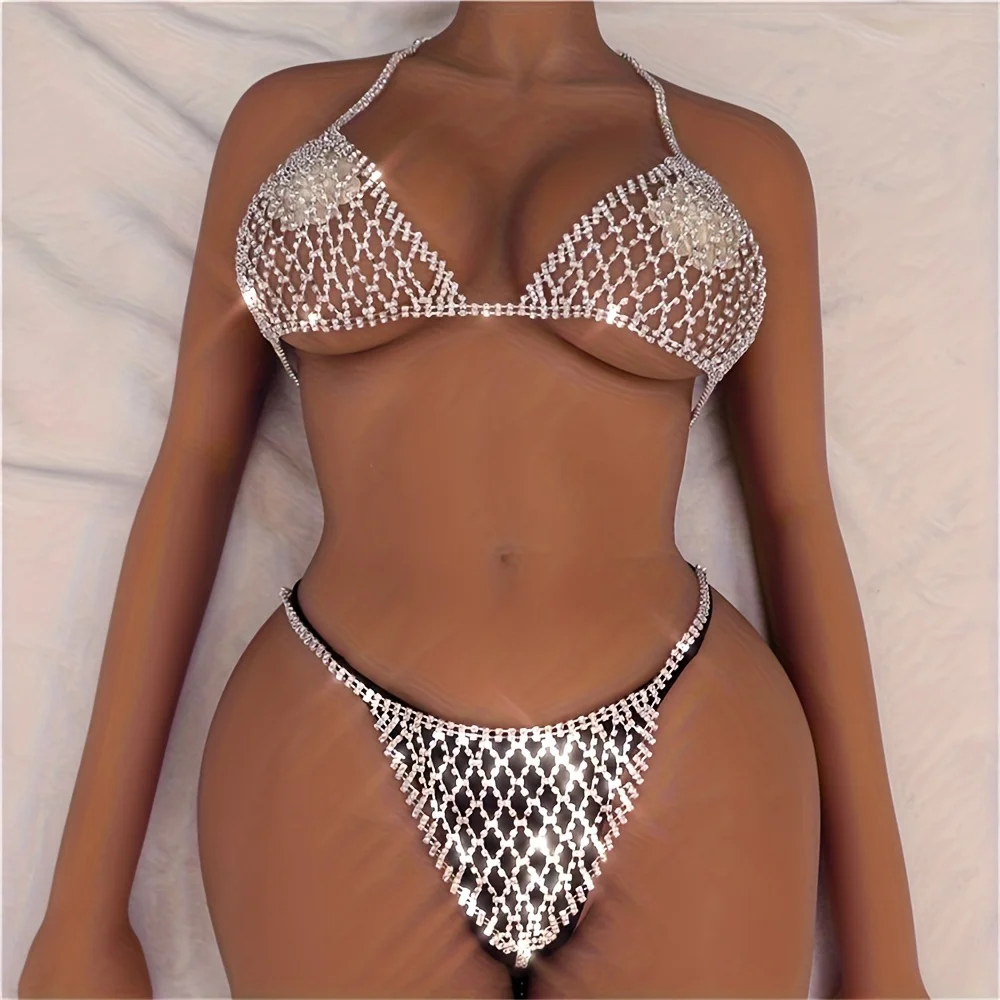 Mesh crystal bra chain jewelry luxury shiny fashion nightclub party bikini sexy rhinestone bra thong chain jewelry accessories