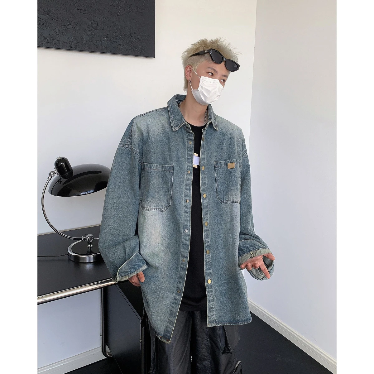 

Retro Washed Denim Shirt Men's Loose Stylish Jacket Outerwear Standard Fit Long Sleeve Polyester Fiber Youth Trend Spring Autumn