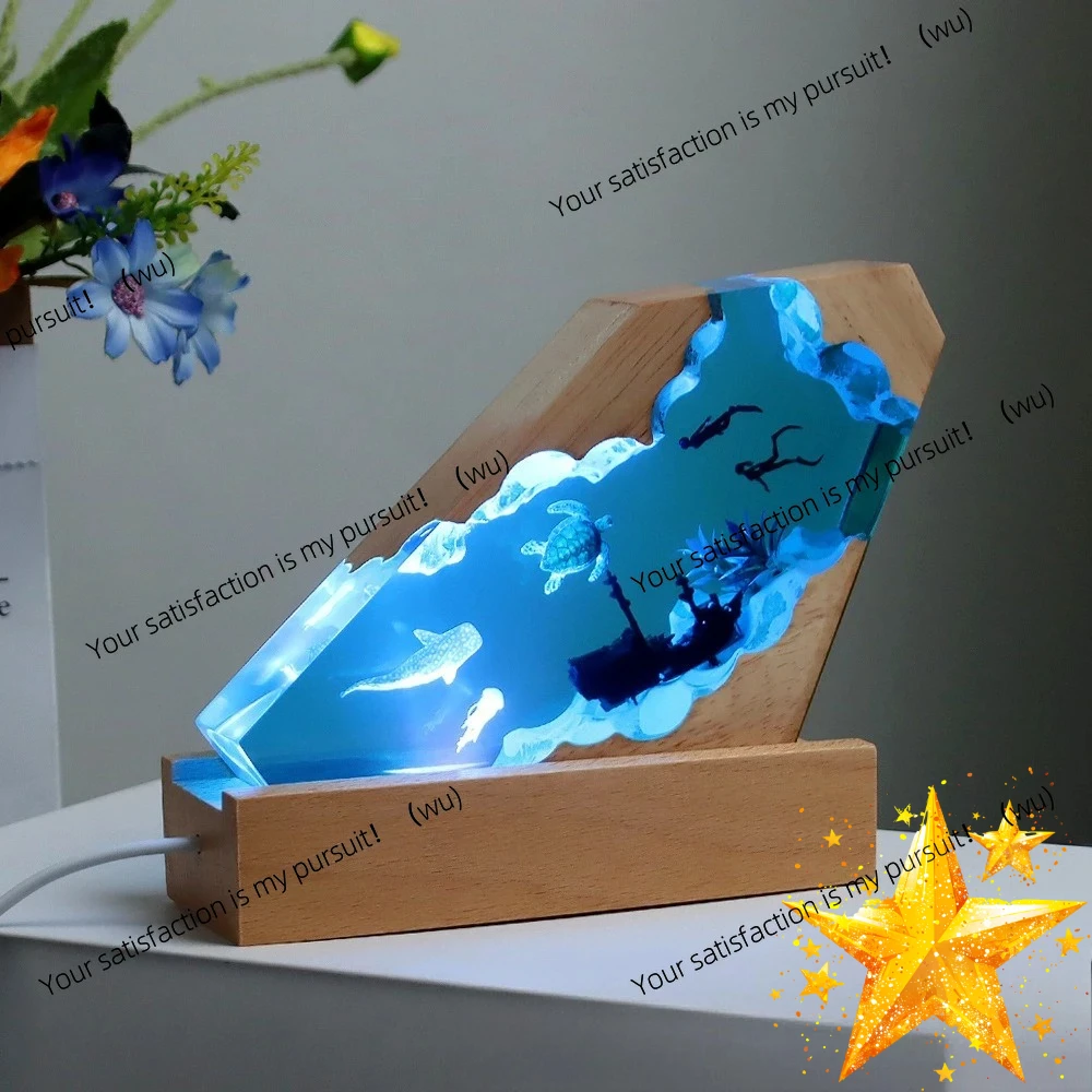 Handcrafted Whale Shark & Scuba Diver Resin light, Underwater Shipwreck Epoxy Wood Night Light, USB LED Ocean Art Decoration