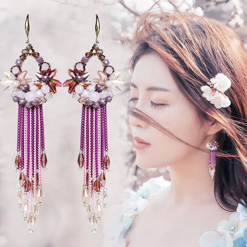 

ZGMXR Rice bead earrings Crystal Water droplet Flower Hollow out Bohemia Hand weaving Geometry Fashion Woman Beaded earrings