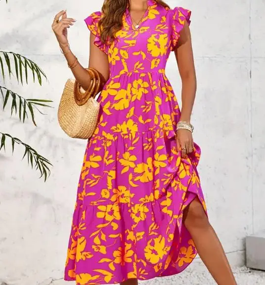 Nuovo abito estivo a trapezio casual con stampa floreale con scollo a V per donna, abito senza maniche a vita alta ampio alla moda ed elegante