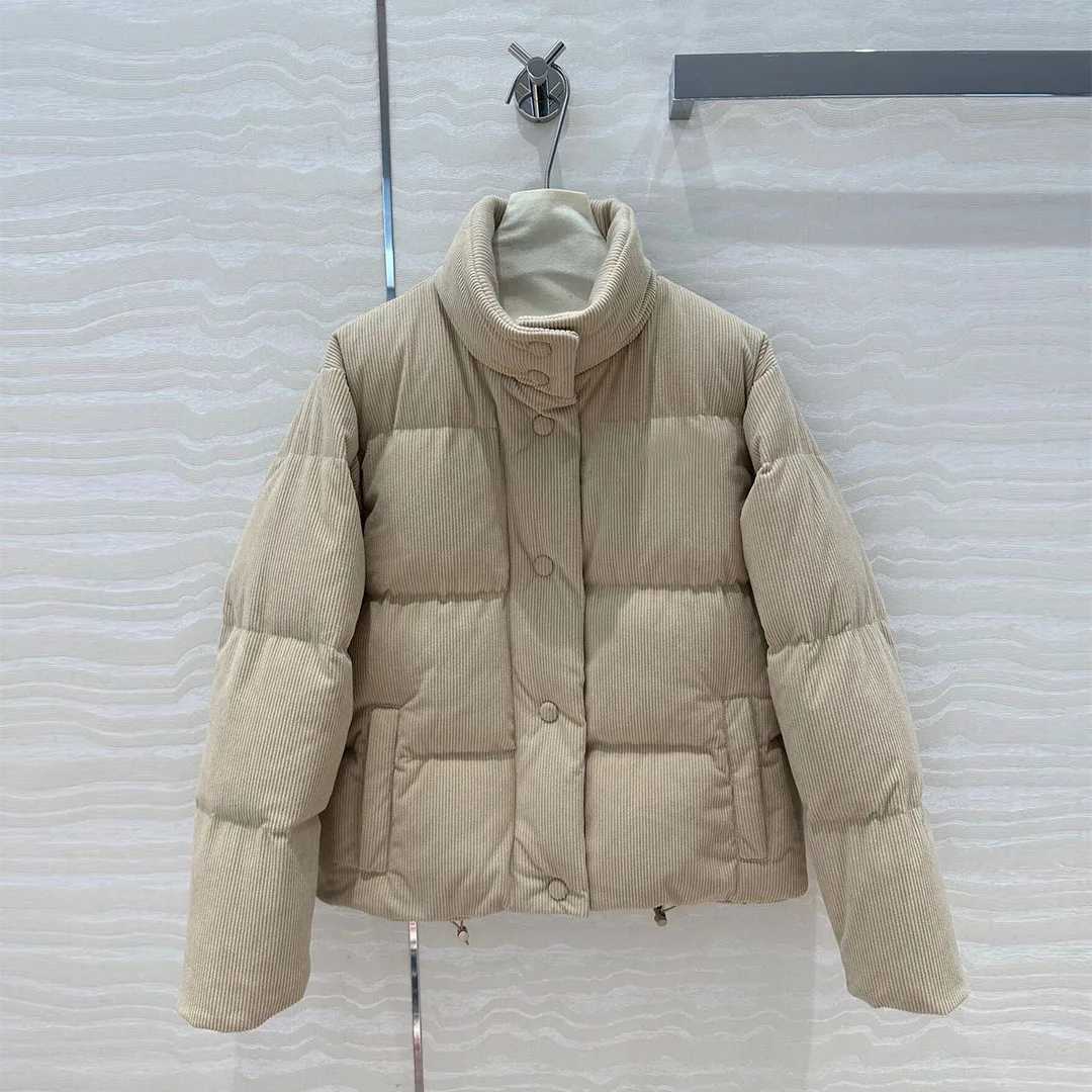 2024 New Fashion Winter 90% White Duck Down Coat Women Beige Corduroy Stand Collar Stripes Quilting Bread Style Loose Jacket