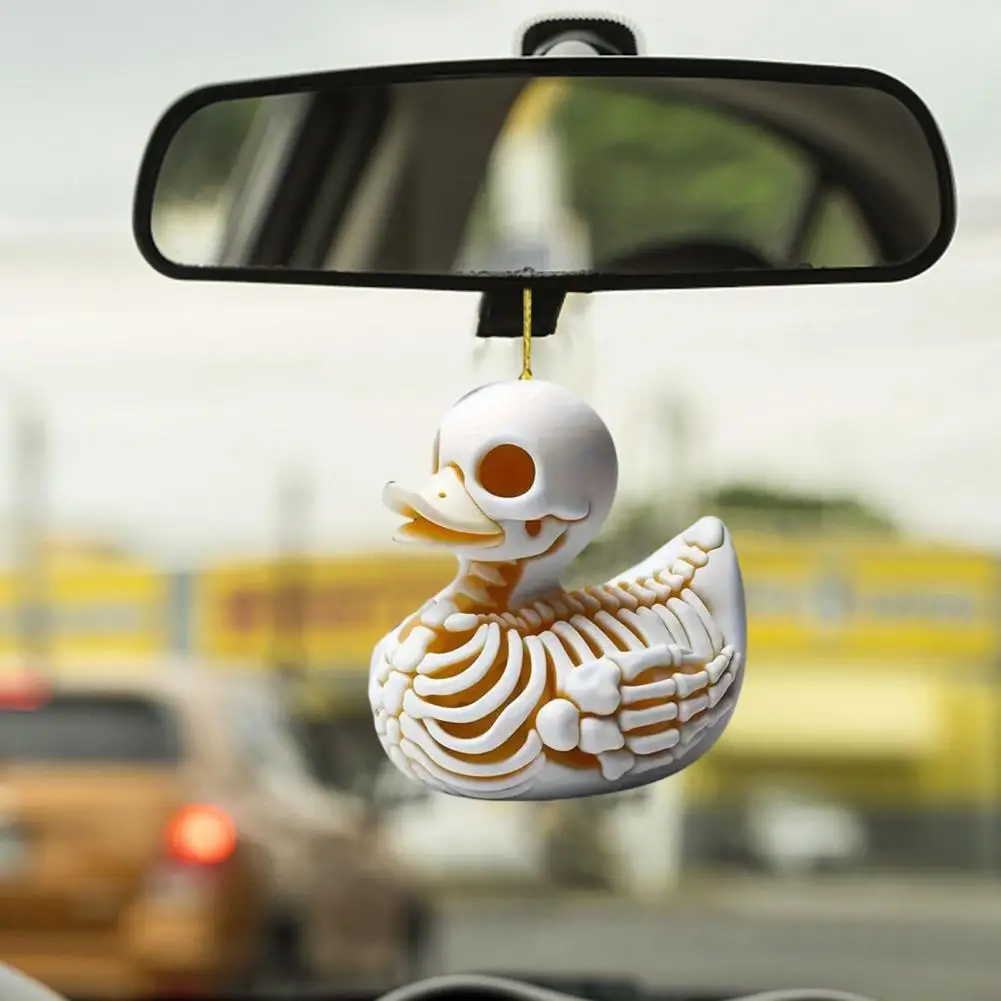 Skeleton Duck Car Mirror Hanging Ornament Cute Cat Charm Keychain Pendant Acrylic Rearview Mirror Accessories