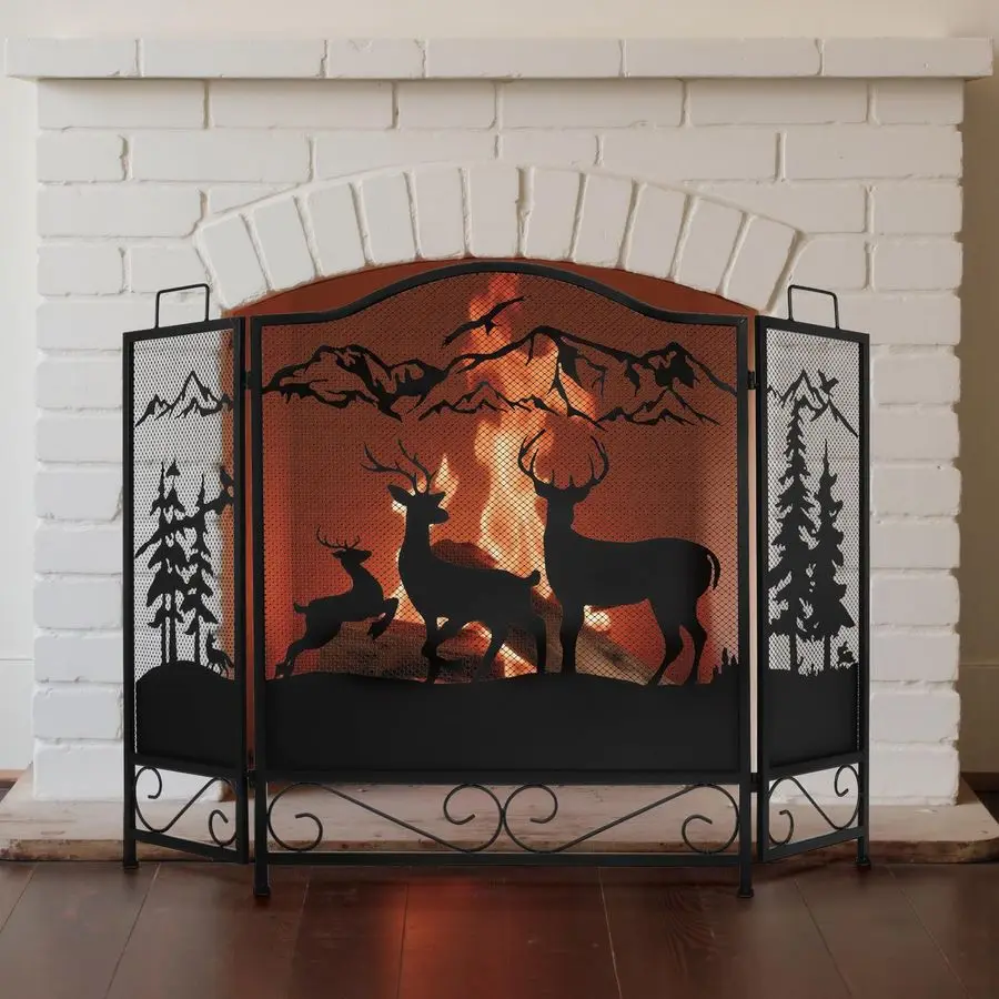

Самостоятельные складные каминные экраны с 3 панелями, крышка искры из кованого железа 48 л x 32 часа с рисунком оленя, металлическая сетка, арочный огонь