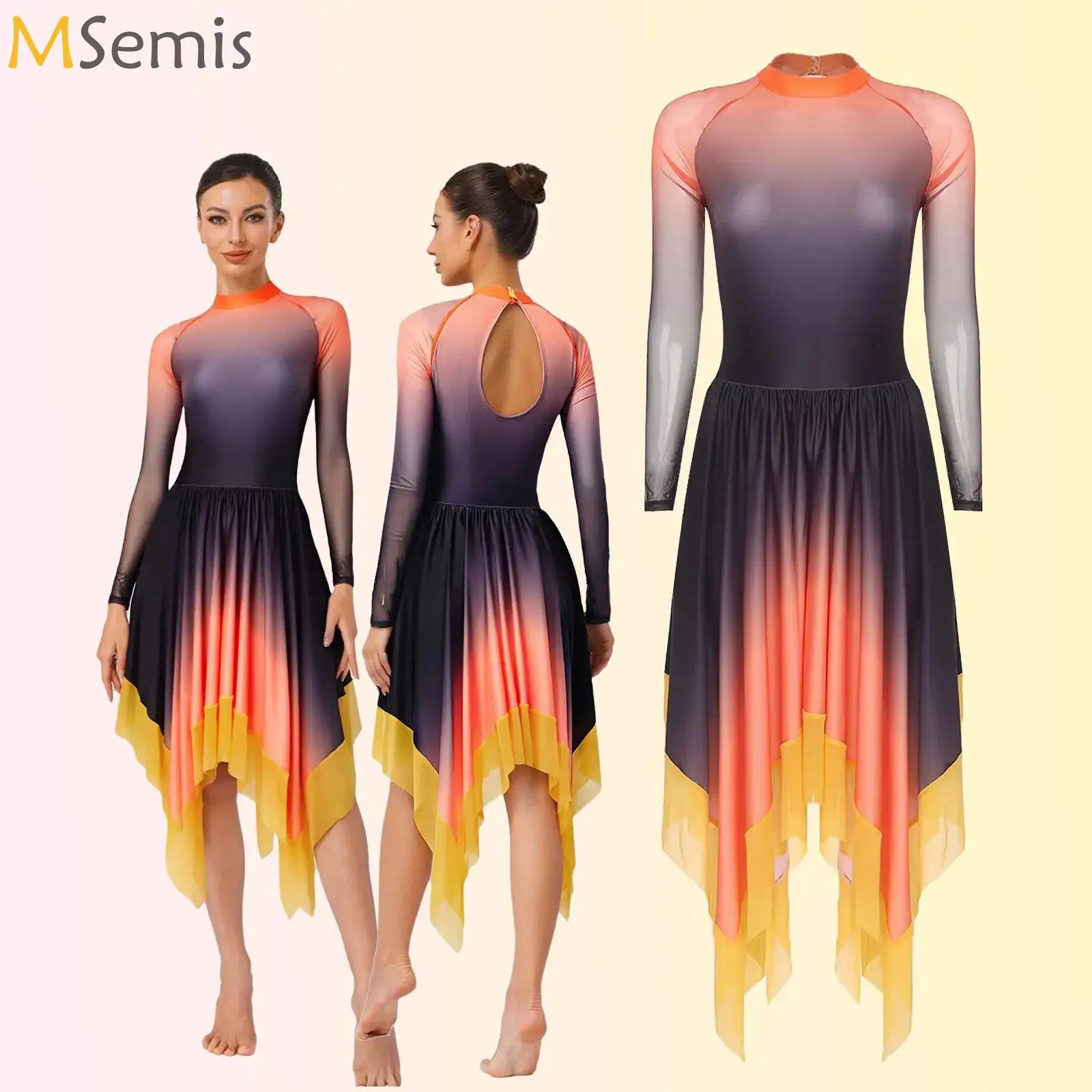 Adults Womens Gymnastics Artistic Figure Skating Gradient Dress Ballet Lyrical Dance Costumes Long Sleeve Modern Dancing Wear